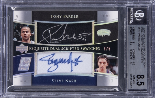 2004-05 UD "Exquisite Collection" Dual Scripted Swatches #PN Tony Parker/Steve Nash Dual Signed Game Used Patch Card (#3/5) – BGS NM-MT+ 8.5/BGS 10